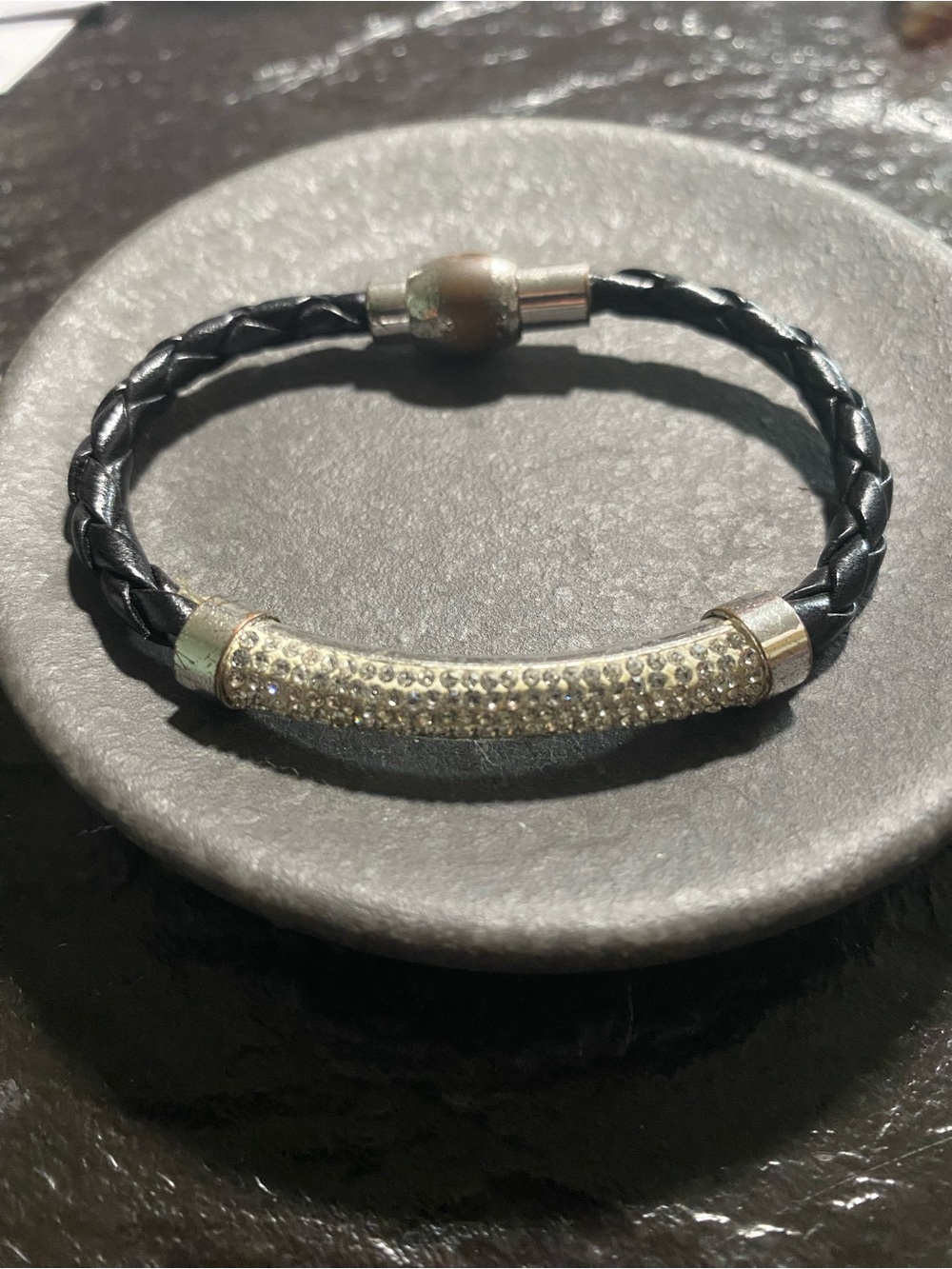 Crystal Pavé Accent Black Braided Leather Bracelet